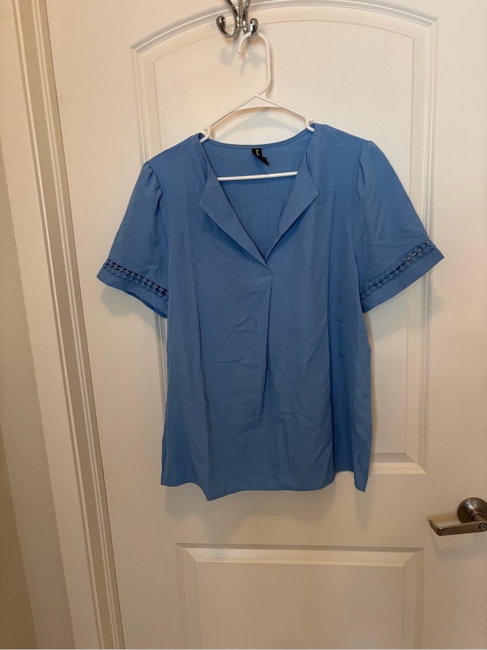 Short Sleeve V-Neck Blouse with Crochet Trim in Light Blue